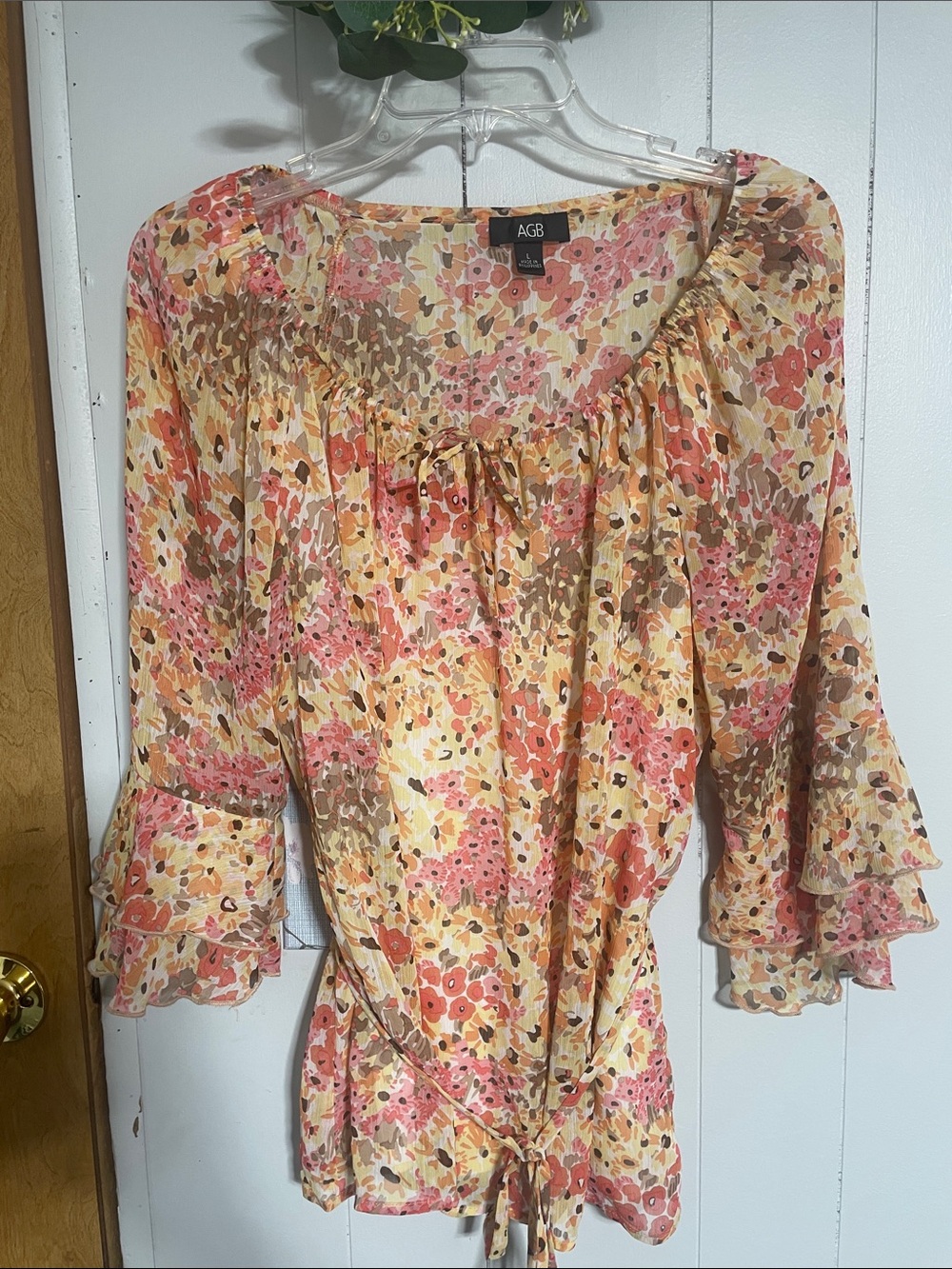 AGB Cream Floral Peasant Tunic with Pink & Brown Accents